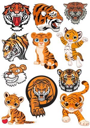Collection of Cartoon and Realistic Tiger Vector Heads and Cubs Free Vector