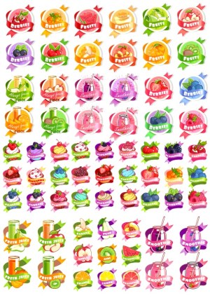 Colorful Fruit, Berry, Juice, Smoothie, and Cupcake Vector Labels and Icons Free Vector