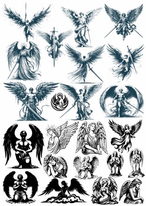 Collection of Stylized Angel Silhouettes and Figures with Wings and Swords Free Vector
