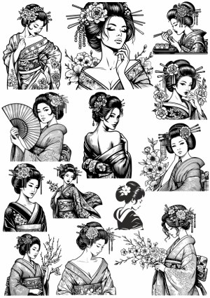 Collection of Elegant Japanese Geisha Women Vector Illustrations Free Vector