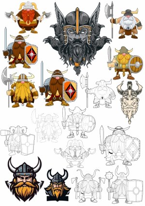 Various Viking Characters and Helmets Vector Set Free Vector