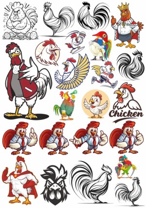 Collection of Cartoon Rooster and Chicken Character Illustrations Free Vector