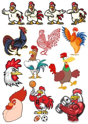 Collection of Cartoon Rooster and Chicken Vectors in Various Styles and Activities Free Vector