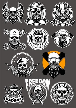 Set of Skull and Beard Character Vectors with Various Hats and Weapons Free Vector