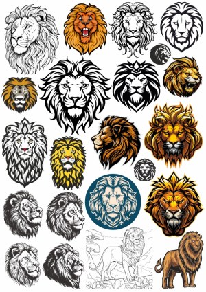 Collection of Stylized Lion Head and Full-Body Vector Illustrations Free Vector
