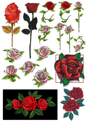 Set of Red and Pink Rose Vector Illustrations and Embroidery Style Designs Free Vector