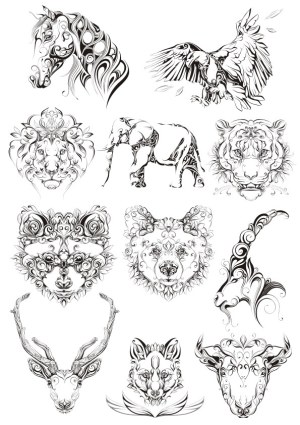 Intricate Black and White Ornamental Animal Vector Set Free Vector