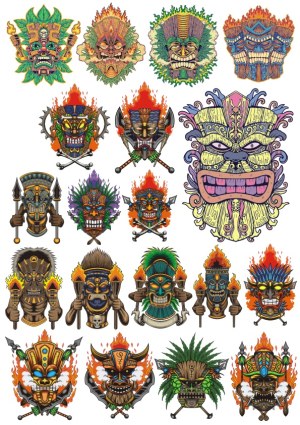 Set of Colorful Tribal Tiki Masks and Totem Faces Free Vector