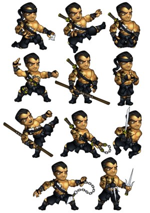 Cartoon Ninja Warrior Poses with Various Weapons Free Vector