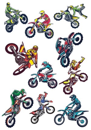 Freestyle Motocross Riders Performing Stunts Vector Set Free Vector