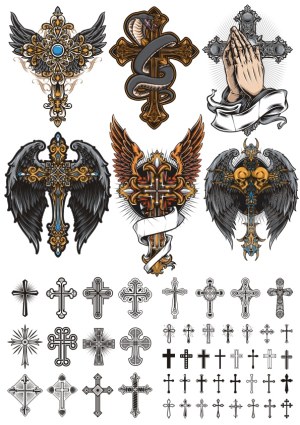 Ornate and Gothic Crosses Vector Collection with Wing and Snake Motifs Free Vector