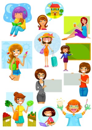 Collection of Various Cartoon Women Characters in Different Activities Free Vector