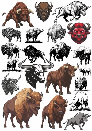 Various Vector Illustrations of Buffaloes and Bulls Free Vector