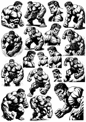 Muscular Comic Book Character Poses and Expressions Line Art Free Vector