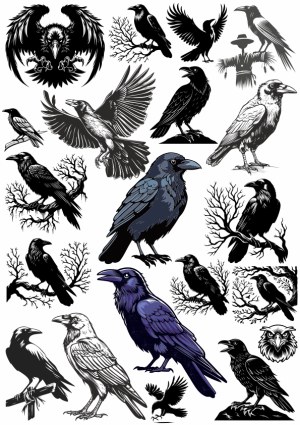 Black and Blue Raven and Crow Vector Illustrations Free Vector