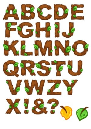 Wooden Tree Texture Alphabet with Green Leaves and Punctuation Free Vector