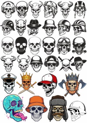 Collection of Skull Vector Illustrations with Various Hats and Accessories Free Vector