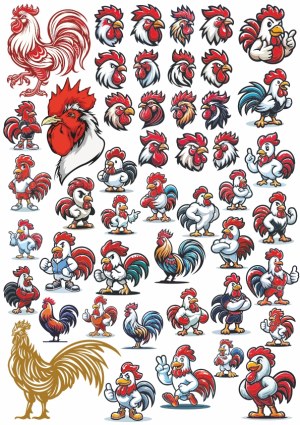 Variety of Rooster and Chicken Cartoon and Head Illustrations Free Vector