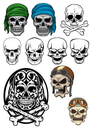 Collection of Skull Vector Illustrations with Various Styles and Accessories Free Vector