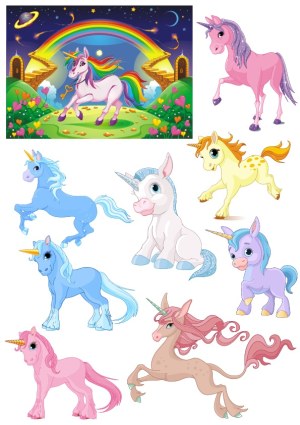 Colorful Cartoon Unicorns and Magical Fantasy Scene Vector Set Free Vector