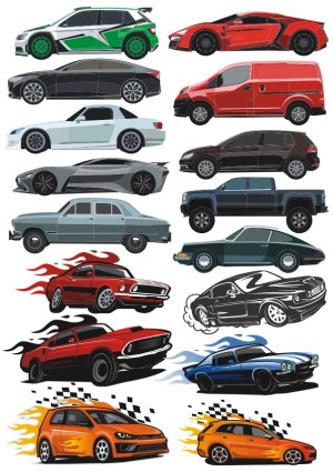 Collection of Diverse Vector Car Illustrations with Racing Flames Free Vector