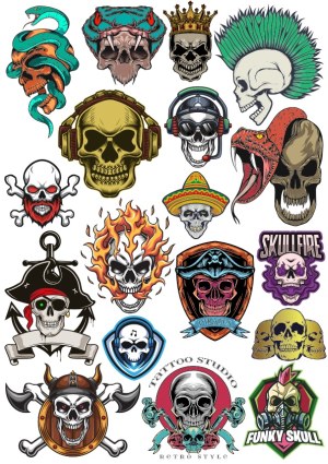 Collection of Detailed Skull Vector Designs with Various Themes Free Vector