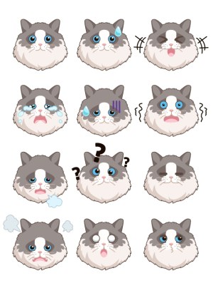 Cute Grey and White Cat Face Emoji Expressions Set Free Vector