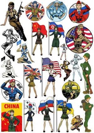 Illustrations of Female Military Characters with Various National Flags Free Vector
