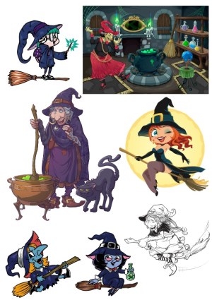 Collection of Cartoon Witch Characters and Magical Scenes Free Vector