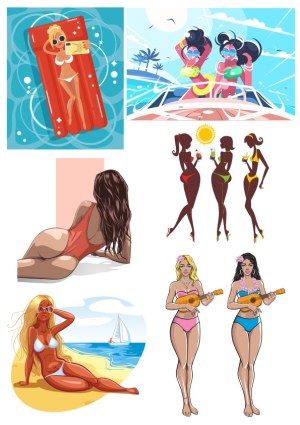 Vector Illustrations of Women Relaxing and Enjoying Summer Beach and Yacht Scenes Free Vector