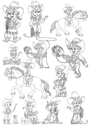 Black and White Cowboy and Cowgirl Kids with Horses and Animals Coloring Vector Set Free Vector