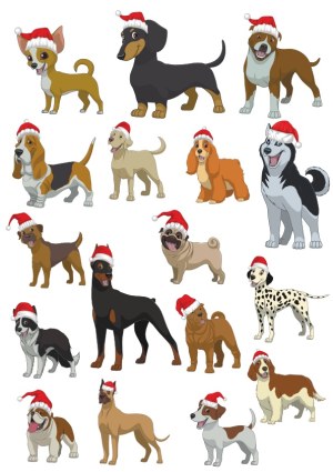 Christmas Dogs Wearing Santa Hats Vector Set Free Vector