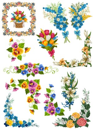 Floral Vector Set with Decorative Bouquets and Corners Free Vector