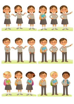 Set of Cartoon School Children with Various Poses and Ethnicities Free Vector