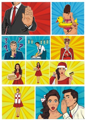 Pop Art Style Comic Scenes of Business, Holiday, and Everyday Life Free Vector