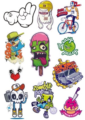 Urban Street Art Stickers with Zombie, Skull, and Cartoon Characters Free Vector