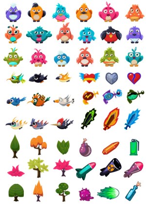 Colorful Cartoon Bird Icons, Nature Elements, and Fantasy Weapons Set Free Vector