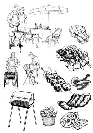 Black and White Barbecue Grill and Food Vector Set Free Vector