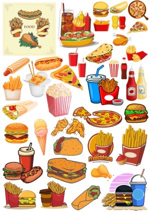 Fast Food Vector Set with Burgers, Fries, Pizza, and Drinks Free Vector