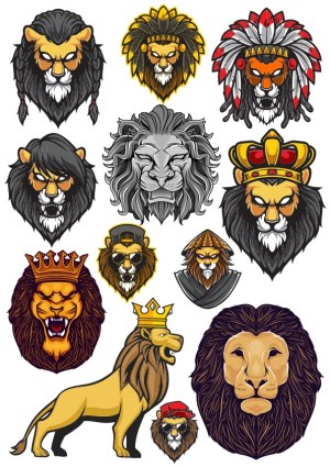 Vector Set of Stylized Lion Heads and Full Body Designs with Crowns and Accessories Free Vector
