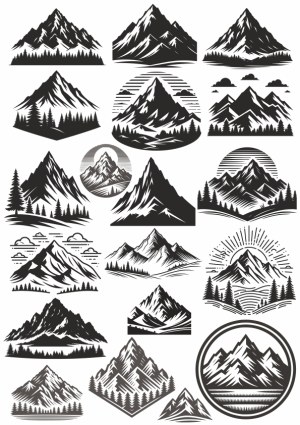 Set of Black and White Mountain Silhouettes with Pine Trees Vector Free Vector