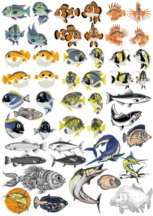 Collection of Various Cartoon and Realistic Fish Vector Illustrations Free Vector