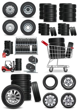 Vector Collection of Various Car Tires, Wheels, and Tire Racks Free Vector