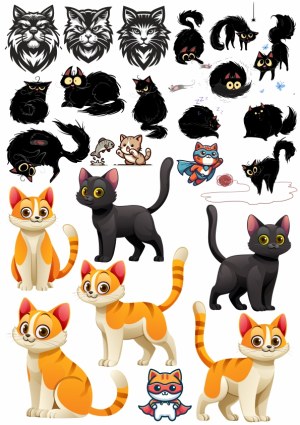 Cartoon Style Black and Orange Cats Vector Set Free Vector