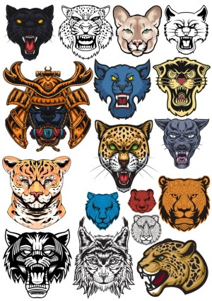 Collection of Fierce Big Cat and Wildcat Head Vector Illustrations Free Vector