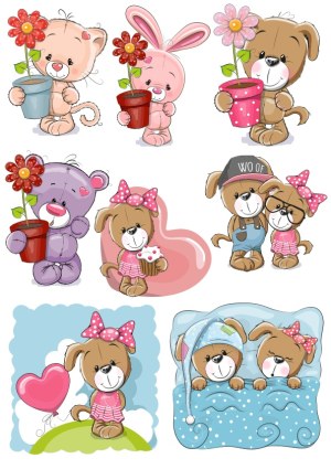 Cute Cartoon Animals with Flowers, Hearts, and Sleep Scenes Free Vector