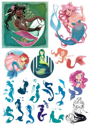 Collection of Colorful and Silhouette Mermaid Illustrations Free Vector