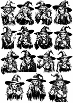 Set of Scary Witch Illustrations in Various Expressive Gestures Free Vector