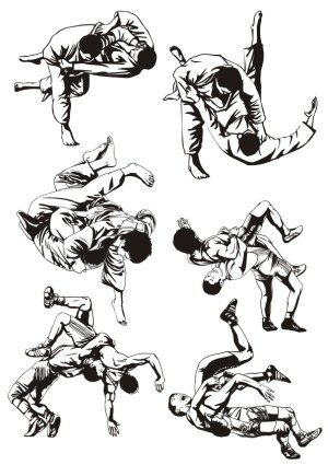 Black and White Vector Illustrations of Martial Arts and Wrestling Techniques Free Vector