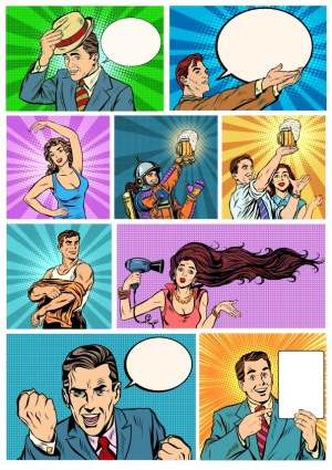 Pop Art Comic Style Characters with Speech Bubbles Free Vector